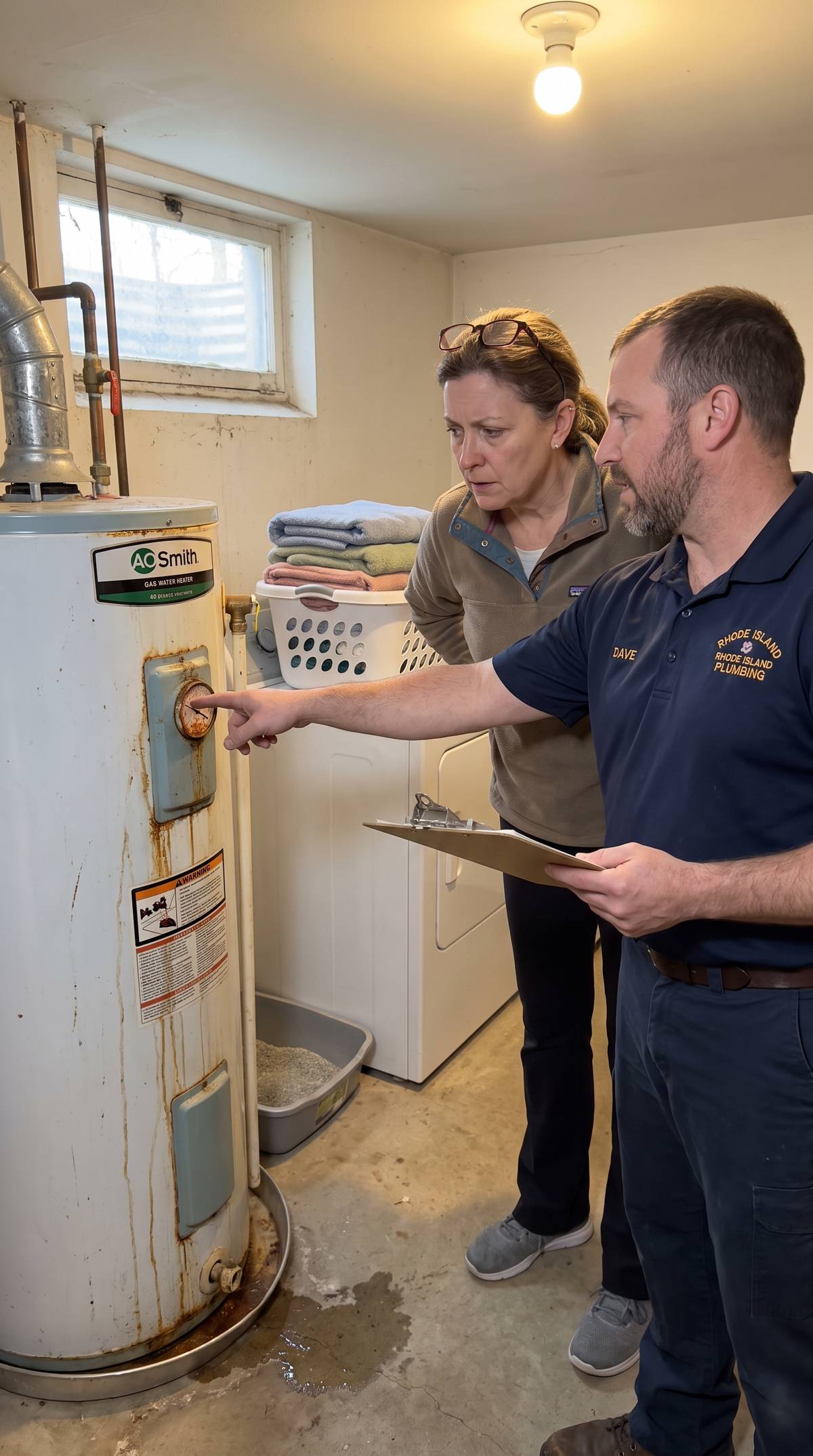 Water heater technician explaining repair options to a Rhode Island homeowner
