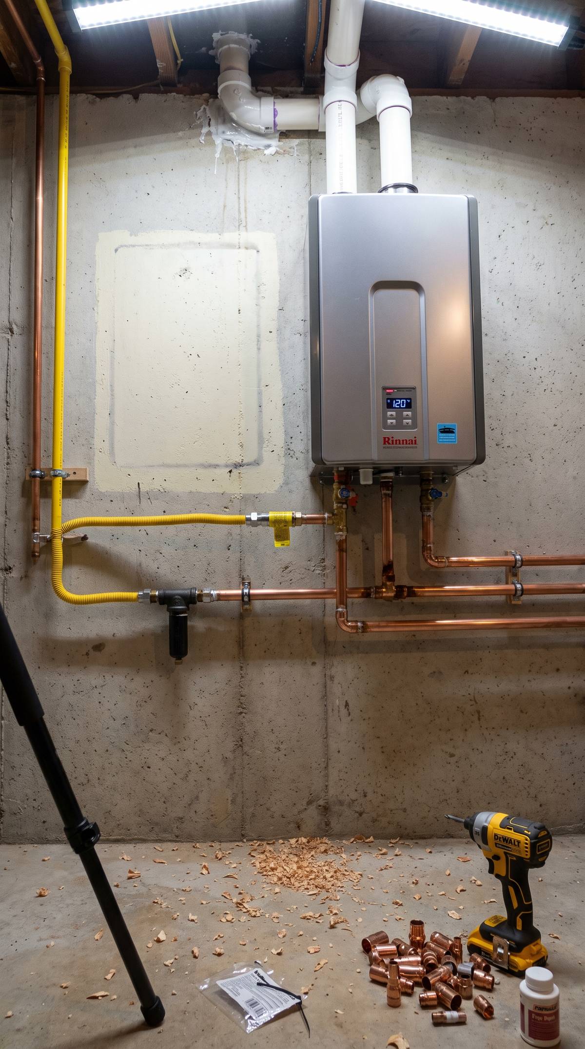 Newly installed Rinnai tankless water heater with copper piping in a Rhode Island basement